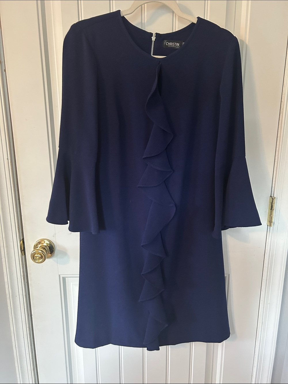 Christin Navy Ruffle-Front Bell Sleeve Dress
